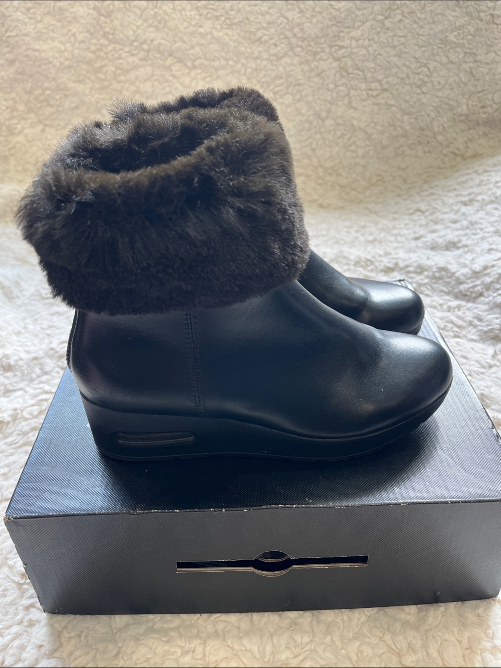 DKNY Black Faux-Fur Cuff Wedge Ankle Boots – Women